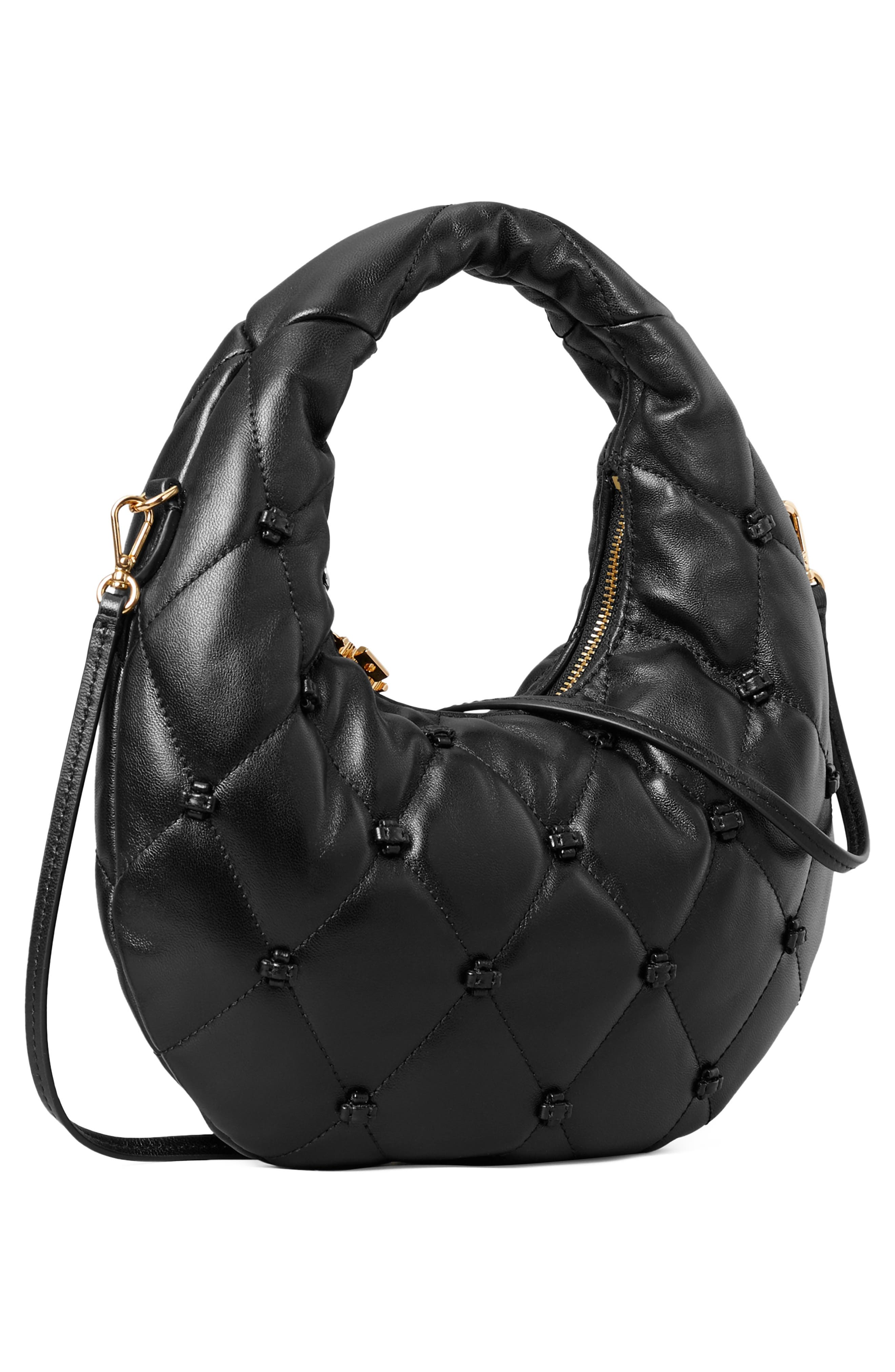 Bunny Knot Leather Crescent Bag, Alternate, color, BLACK