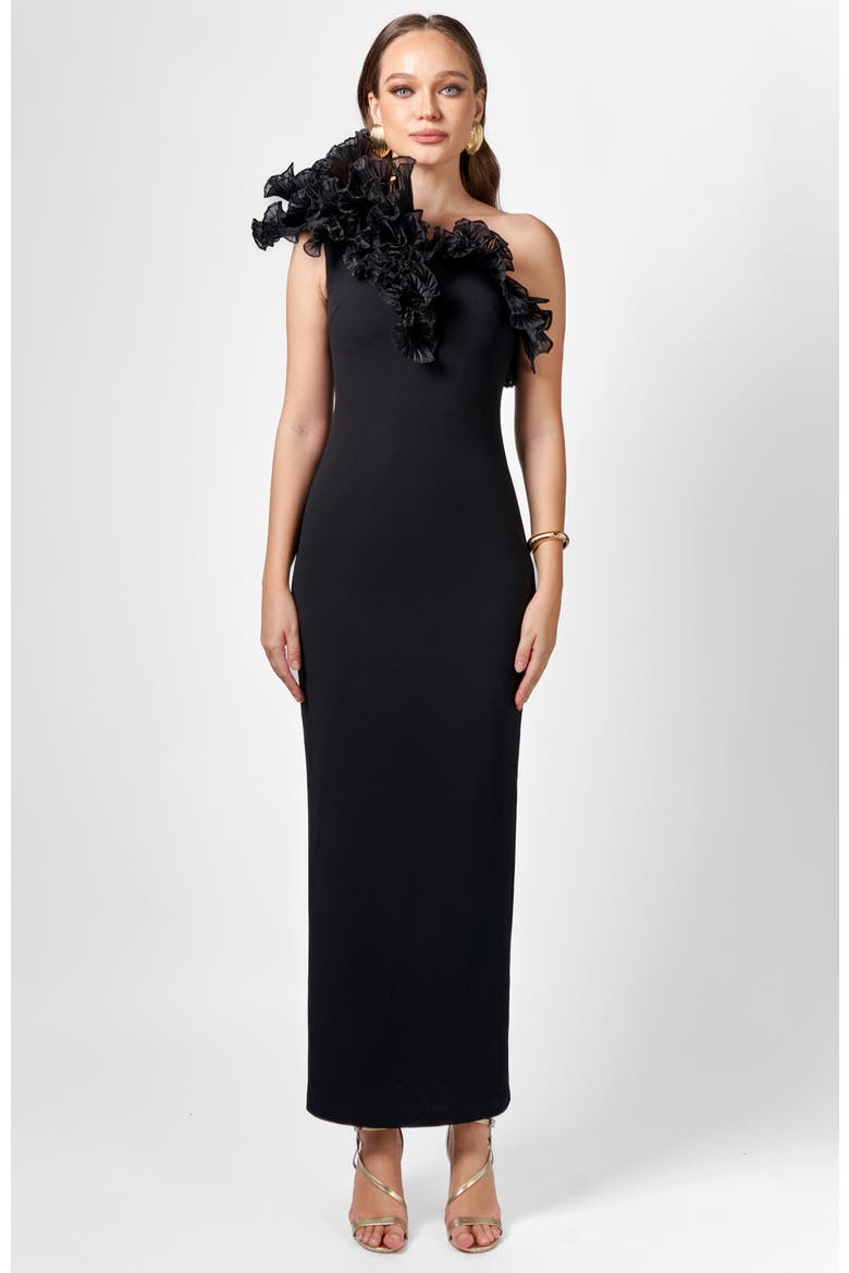 Elena One Shoulder Ruffle Midaxi, Main, color, BLACK