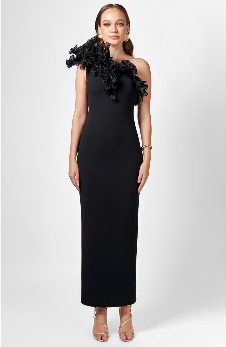 Bariano Elena One Shoulder Ruffle Midaxi, Main, color, Black