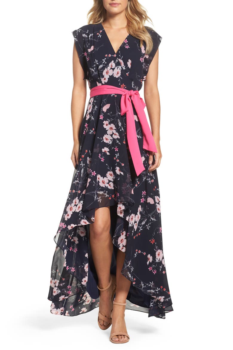 High/Low Floral Faux Wrap Maxi Dress, Main, color, NAVY/ PINK