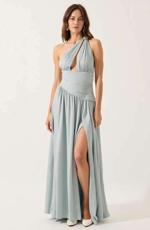 Pleated One-Shoulder Gown with Cutout Waist and Thigh Slit