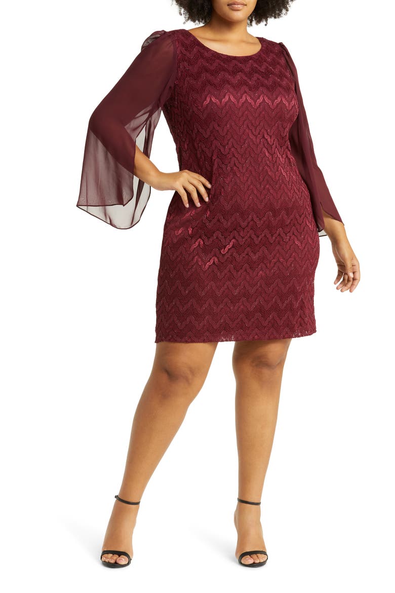Chevron Long Sleeve Lace & Chiffon Dress, Main, color, BURGANDY