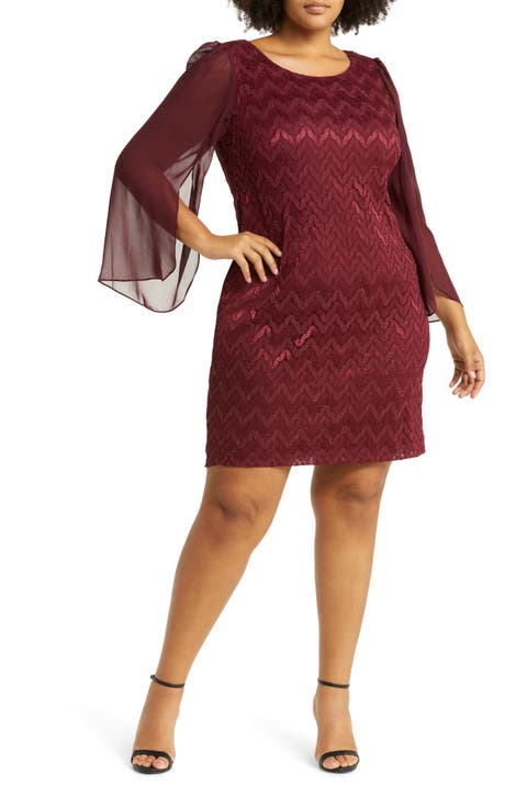 Chevron Long Sleeve Lace & Chiffon Dress (Plus Size)