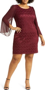 Connected Apparel Chevron Long Sleeve Lace & Chiffon Dress