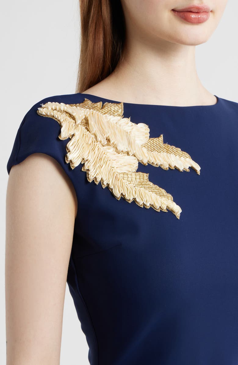 Chiara Boni La Petite Robe Metallic Feather Detail Cocktail Sheath Dress, Alternate, color, Blue Notte