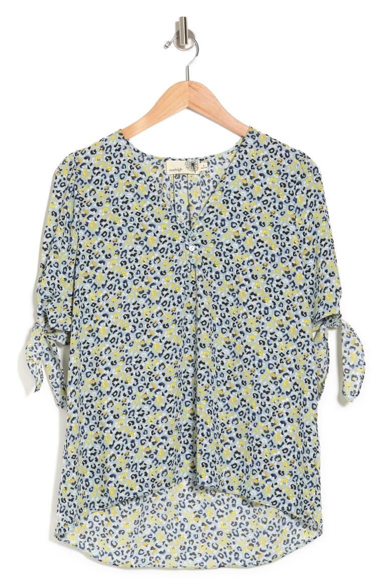 Tie Sleeve Button Front Blouse, Alternate, color, DUSTY BLUE BLACK ANIMAL