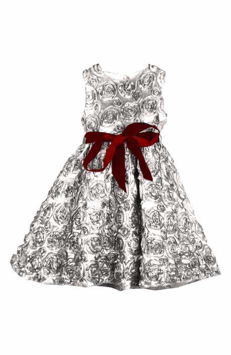 Kids' Rosette Textured Dress with Velvet Ribbon