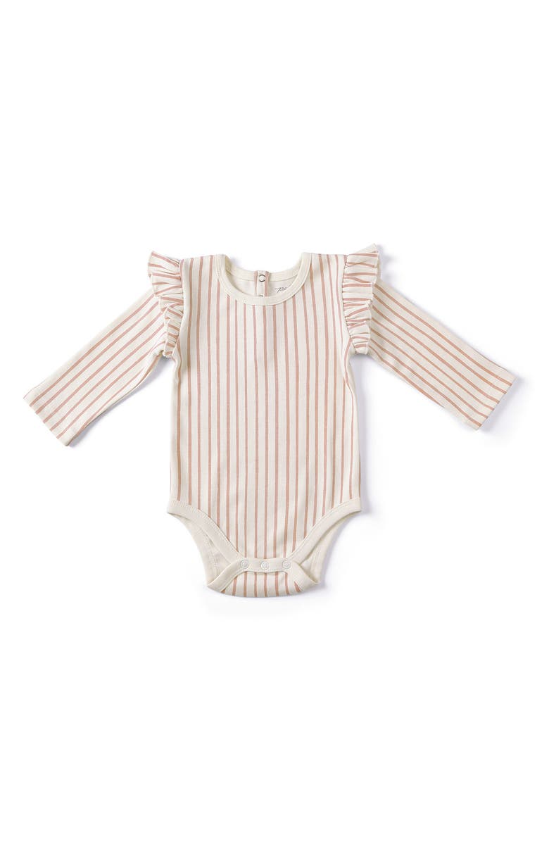 Pehr Stripes Away Ruffle Long Sleeve Organic Cotton Bodysuit, Main, color, 