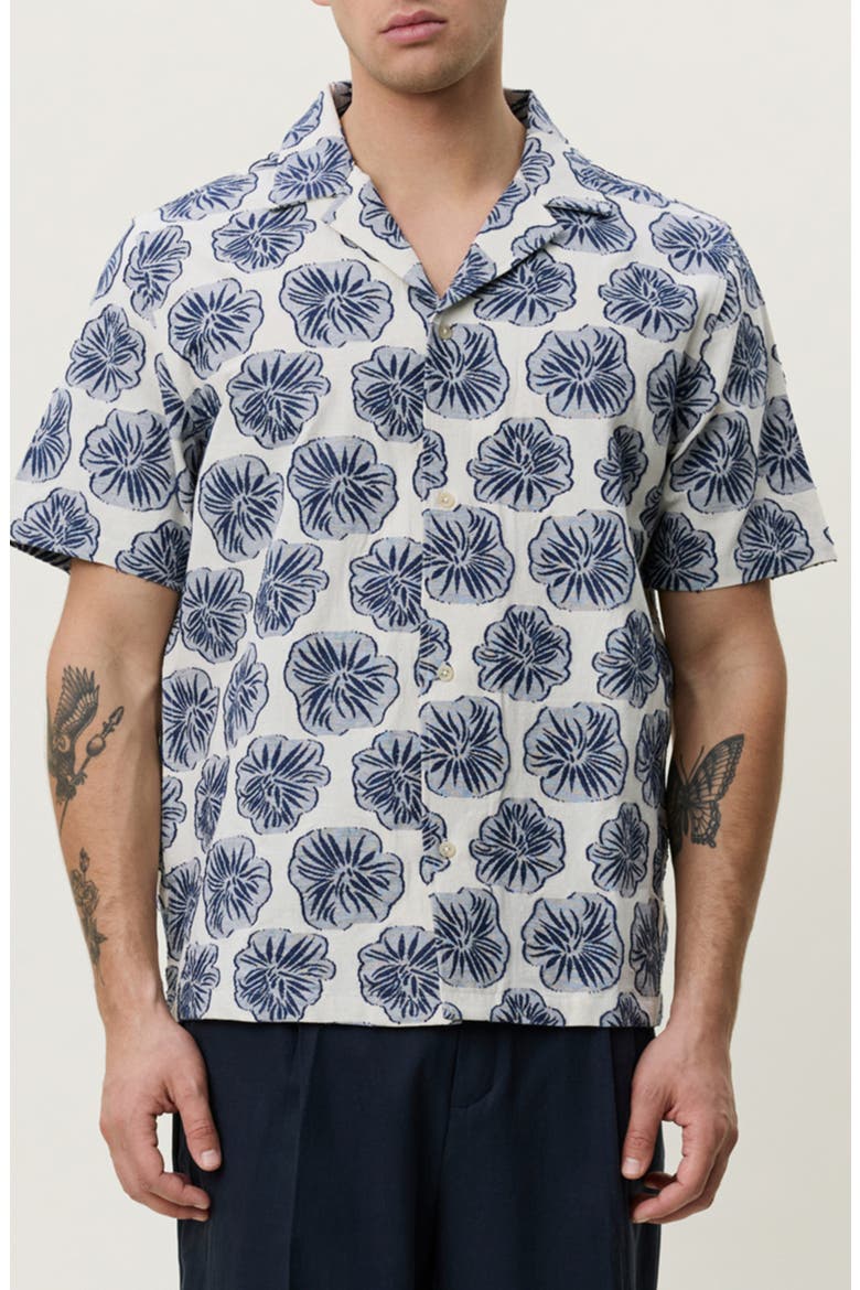 Dahlia Floral Jacquard Cotton & Linen Blend Camp Shirt, Main, color, DARK DENIM BLUE