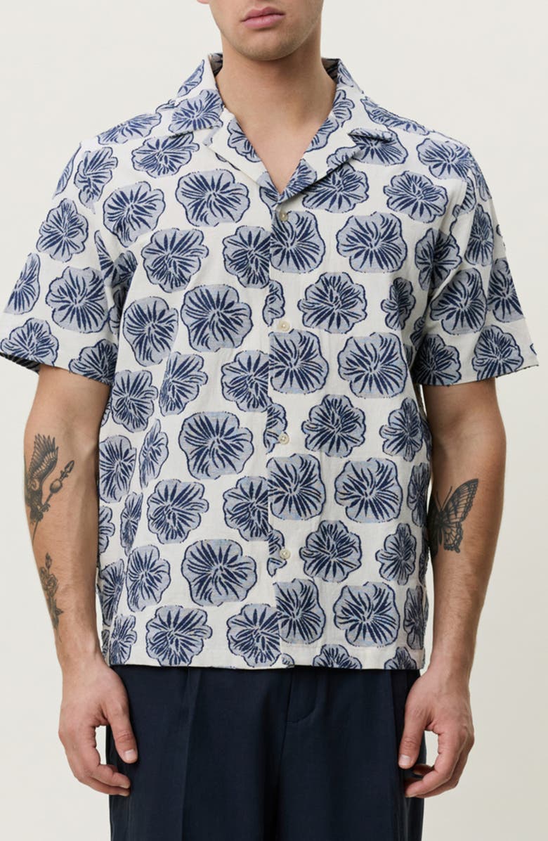 Les Deux Dahlia Floral Jacquard Cotton & Linen Blend Camp Shirt, Main, color, Dark Denim Blue