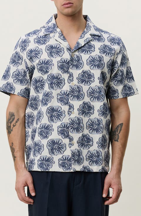 Dahlia Floral Jacquard Cotton & Linen Blend Camp Shirt