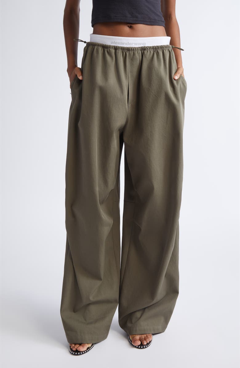 Alexander Wang Logo Elastic Cotton Twill Wide Leg Pants, Main, color, Army Green