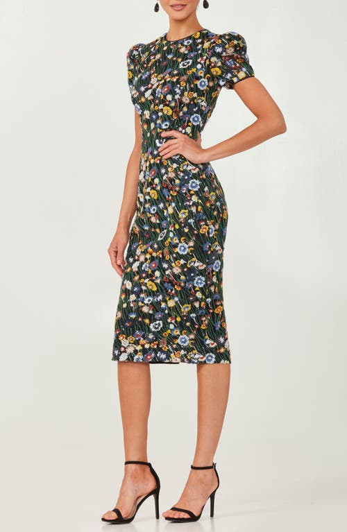 Helsi Piper Short-sleeve Embroidered Floral Sequin Midi Dress In Black/yellow Floral
