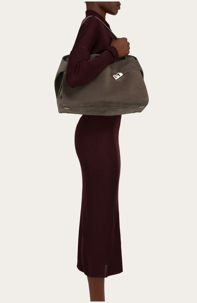 FERRAGAMO Medium Hug Suede Shoulder Bag, Alternate, color, Concrete