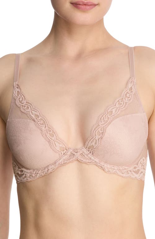 Natori Feathers Contour Plunge Bra In Rose Beige Lace/pink Pearl