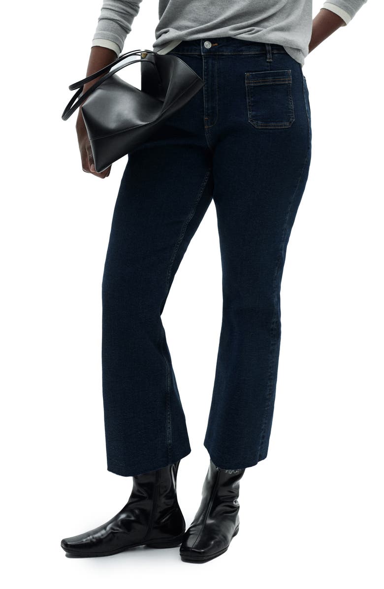 MANGO Alex Raw Hem Patch Pocket Crop Flare Jeans, Alternate, color, Dark Blue