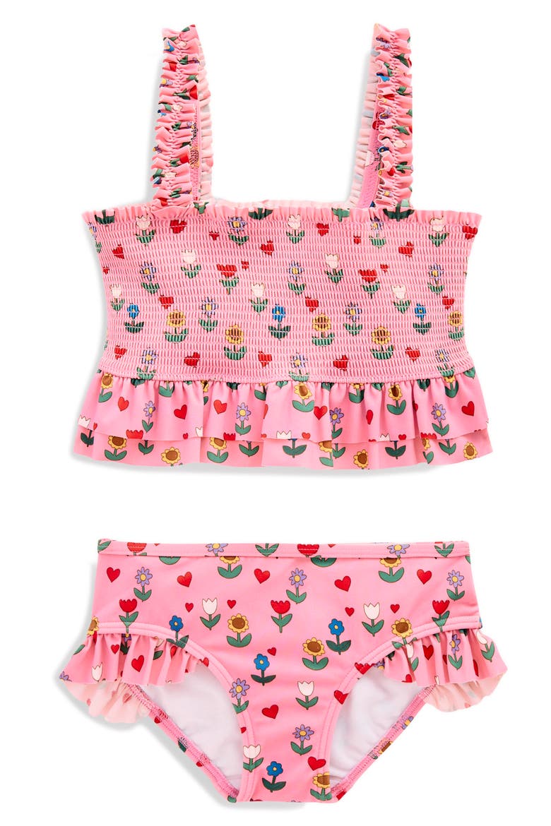 Kids' Smocked Peplum Two-Piece Swimsuit, Main, color, ALMOND PINK SUNFLOWER GARDEN