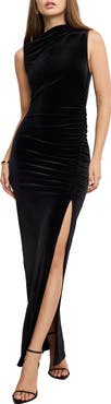Good American Ruched Velvet High Neck Maxi Dress