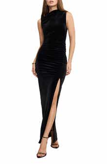 Ruched Velvet High Neck Maxi Dress