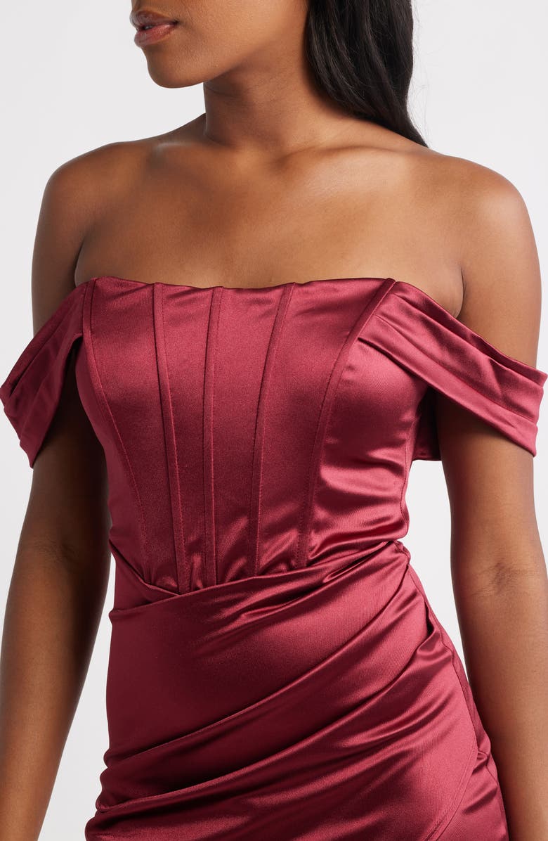 Emerald Sundae Off the Shoulder Satin Midi Dress, Alternate, color, Wine