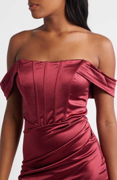 Emerald Sundae Off The Shoulder Satin Midi Dress In Burgundy