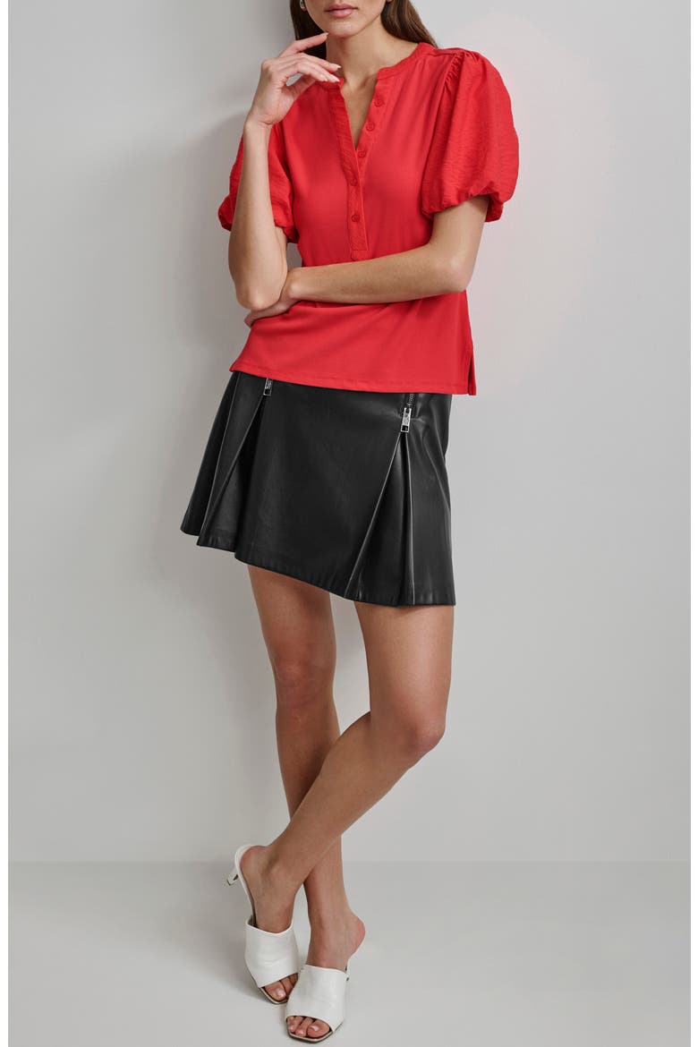 Puff Sleeve Mixed Media Henley Top, Alternate, color, FLAME