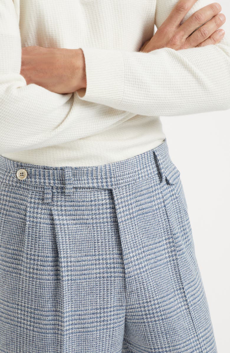 Brunello Cucinelli Comfort wool, silk and cashmere Prince of Wales leisure fit trousers with double pleats and tabbed waistband, Alternate, color, 