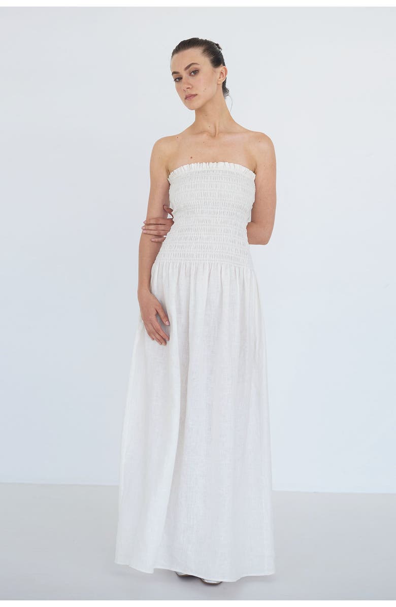 nuaje nuaje Elle Strapless Smocked Maxi Linen Dress, Main, color, White