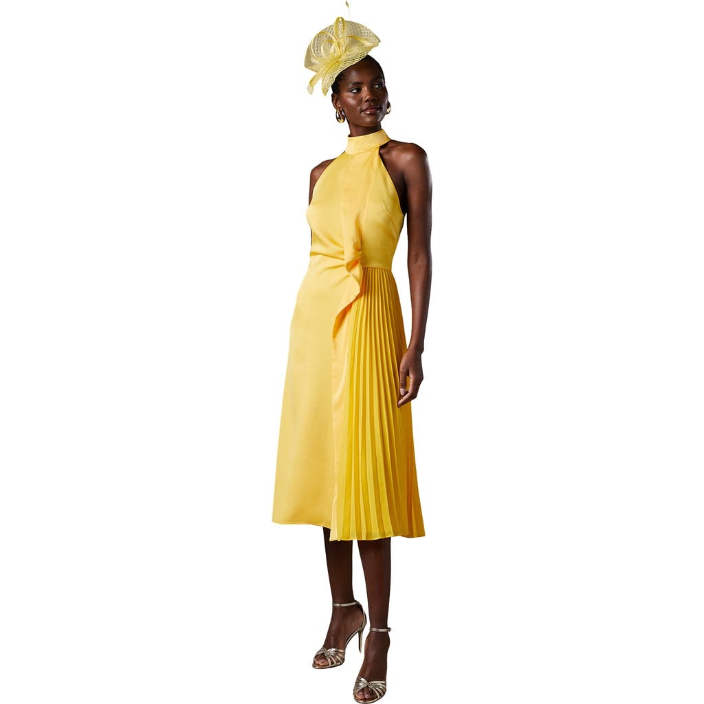 Coast Halter Pleated Asymmetric Hem Midi Dress In Yellow