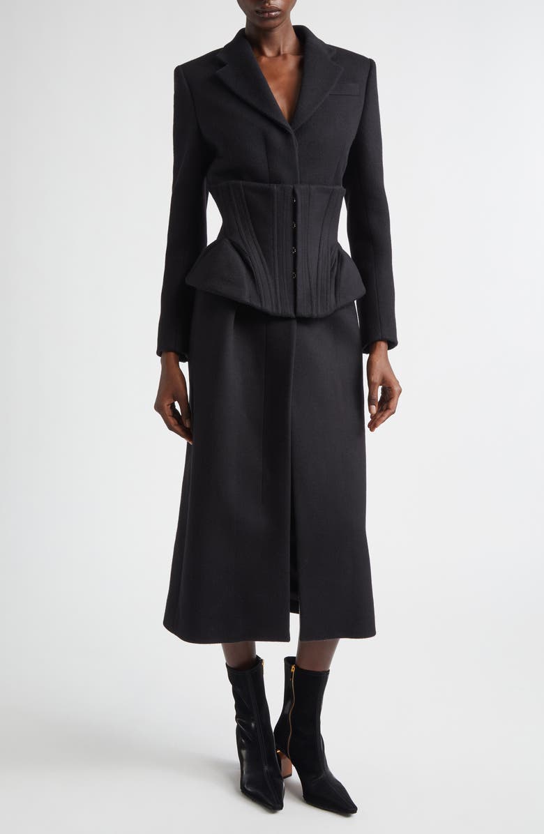 McQueen Long Cashmere & Wool Corset Coat, Main, color, Black