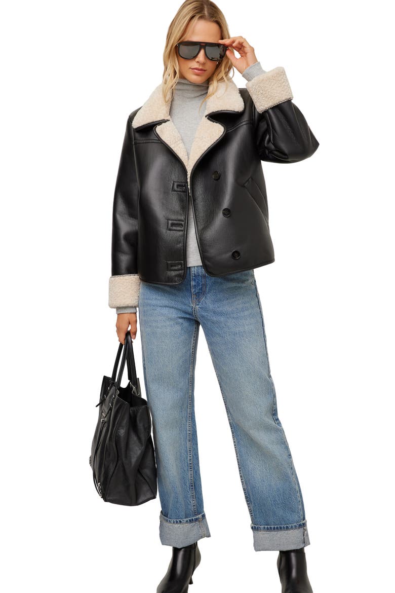 Tara Faux Leather & Faux Shearling Jacket, Alternate, color, BLACK/ CREAM