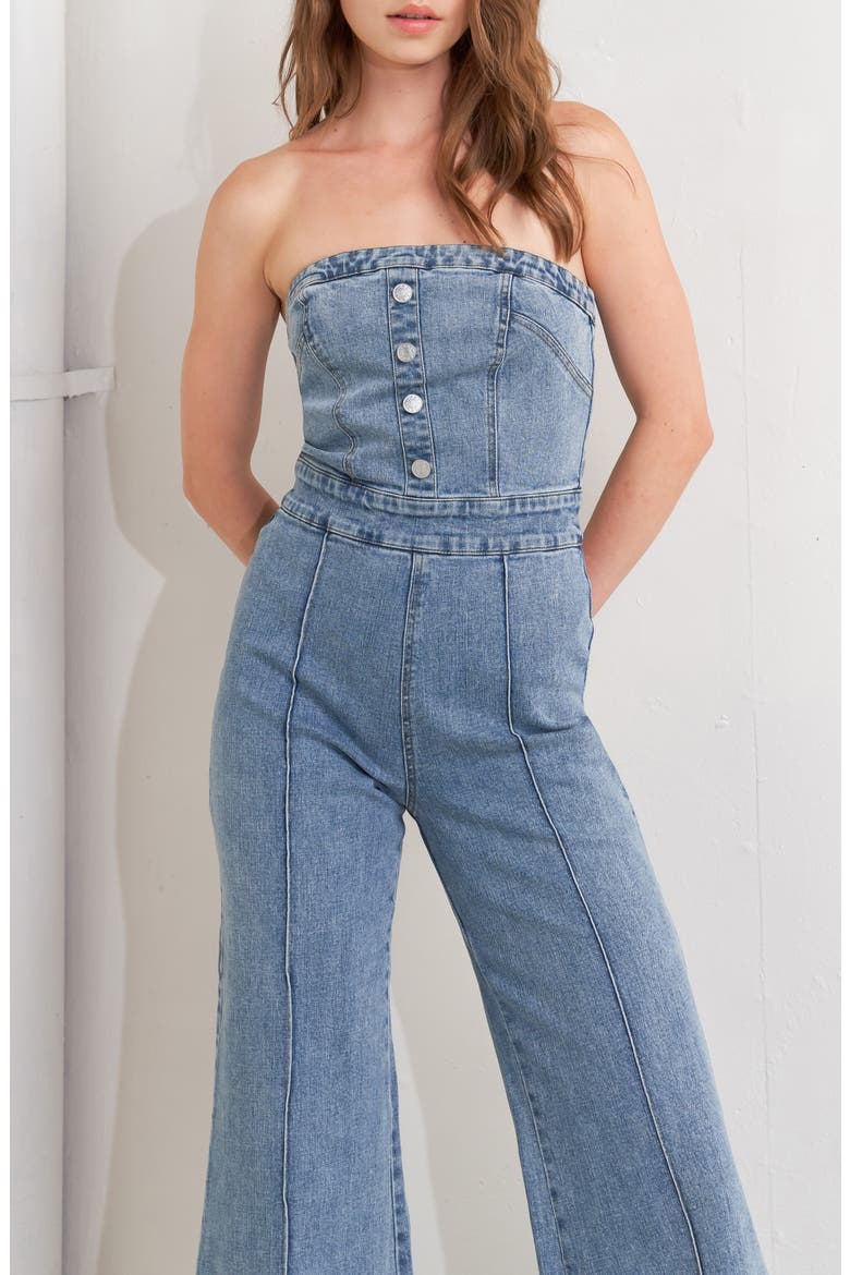 Strapless Flare Leg Denim Jumpsuit, Alternate, color, INDIGO DENIM