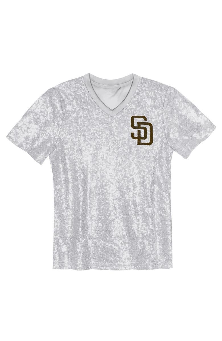 Outerstuff Juniors Fernando Tatis Jr. White San Diego Padres Name & Number Sequin V-Neck Top, Alternate, color, White