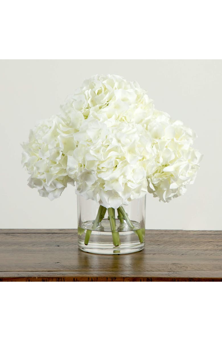 NEARLY NATURAL Wedding Collection 14-in Artificial Hydrangea Arrangement in Glass Vase, Alternate, color, Green/White