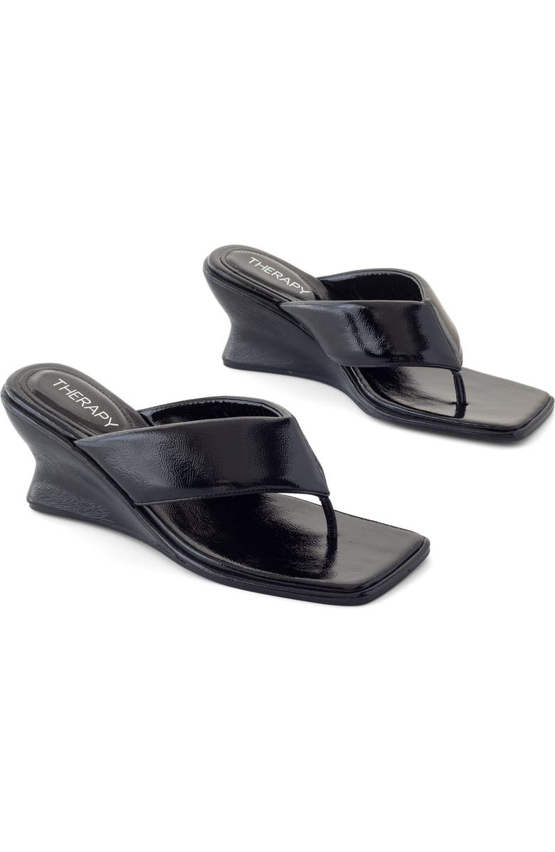Therapy Australia LENNOX Square Toe Wedge Thong Heel, Main, color, Black Crinkled Patent Pu