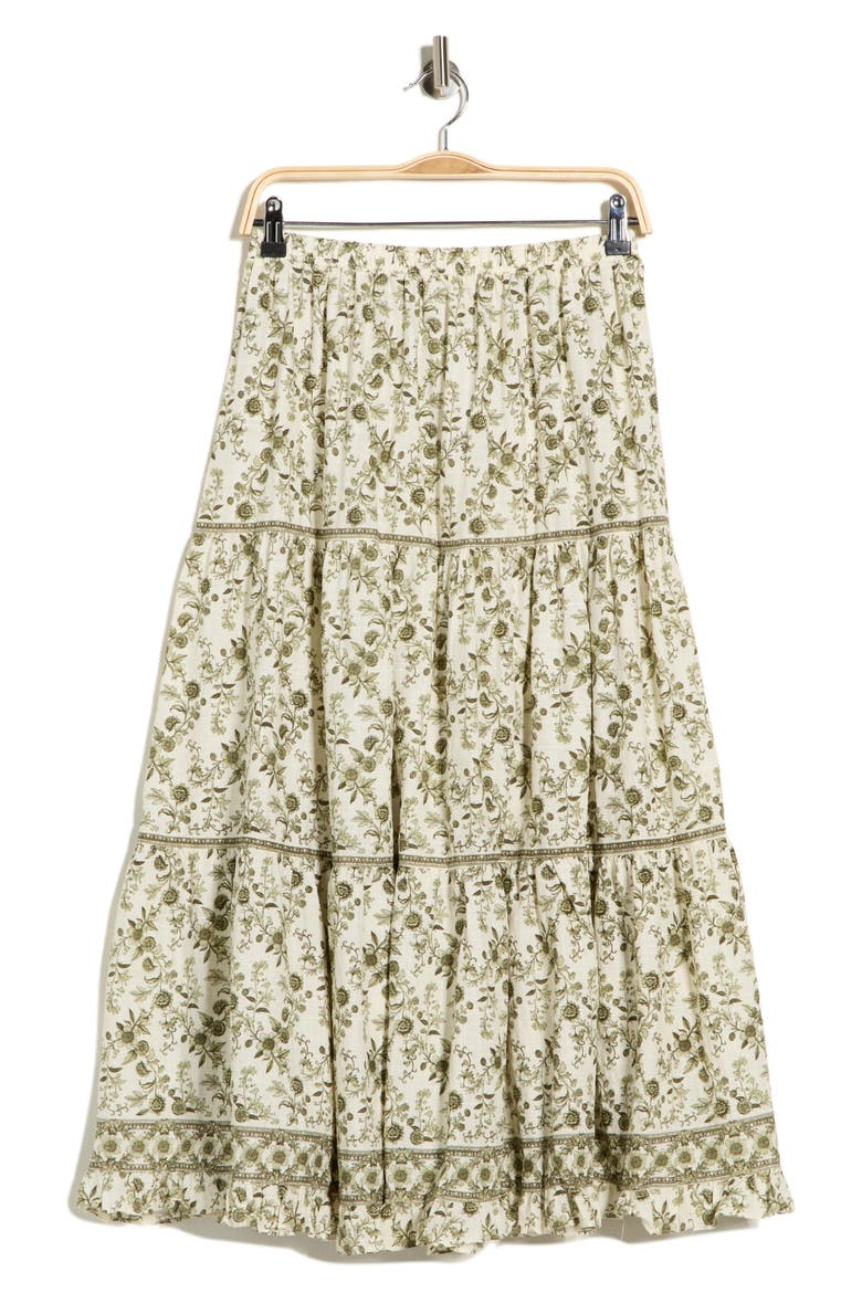 Floral Wreath Print Tiered Cotton Blend Maxi Skirt, Alternate, color, CREAM/ GREEN FLORAL