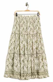 MAX STUDIO Floral Wreath Print Tiered Cotton Blend Maxi Skirt