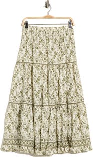 MAX STUDIO Floral Wreath Print Tiered Cotton Blend Maxi Skirt