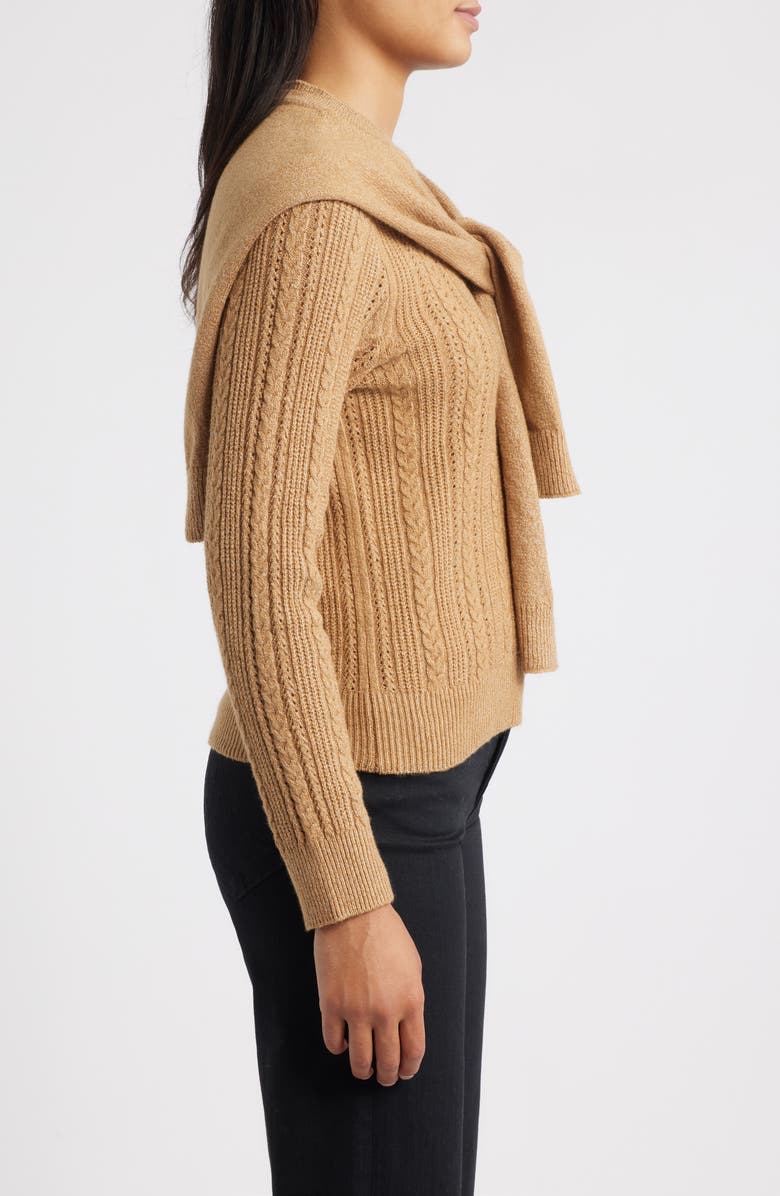 Wit & Wisdom Cable Stitch Twofer Tie Sleeve Sweater, Alternate, color, Caramel Latte