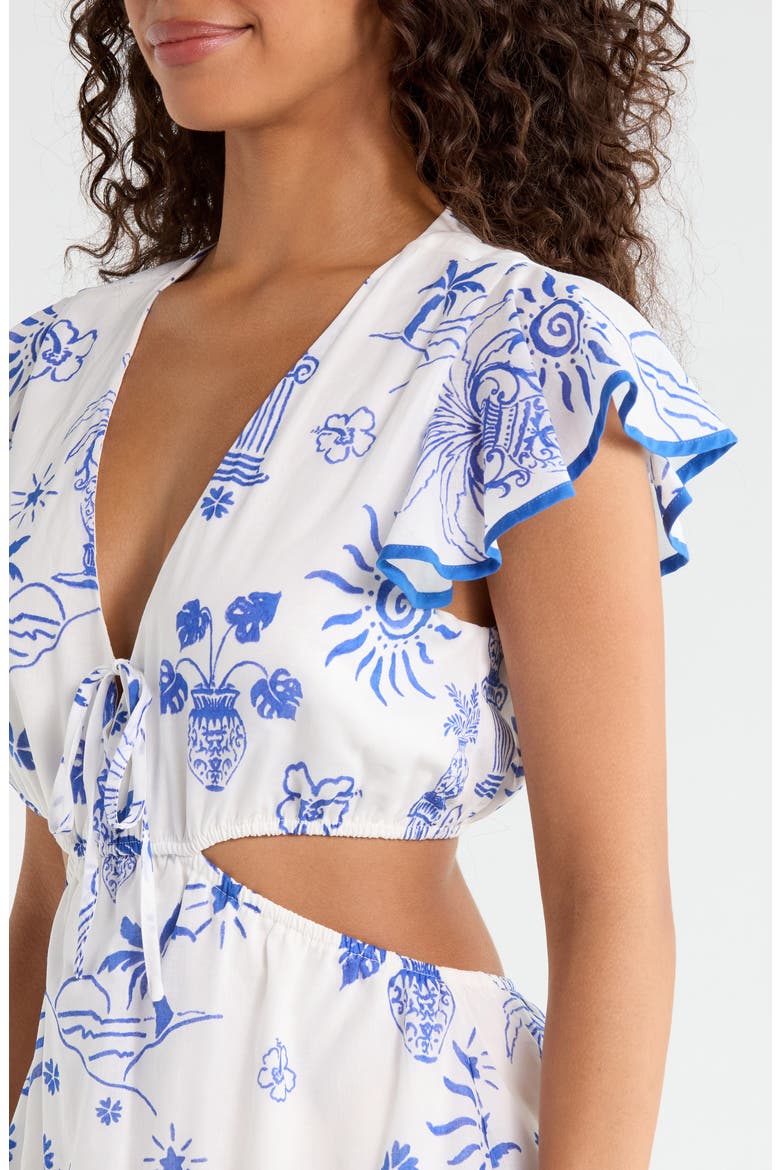 Alvina Tropical Print Cutout Detail Cotton Minidress, Alternate, color, BLUE-WHITE