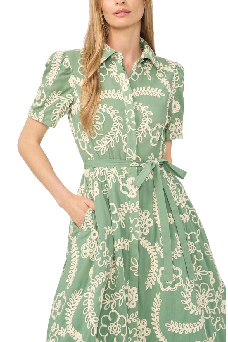 Camile Embroidered Tie Waist Midi Shirtdress, Alternate, color, SHALE GREEN