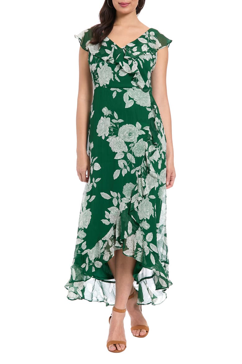 Ruffle Wrap Maxi Dress, Main, color, DARK GREEN/ WHITE