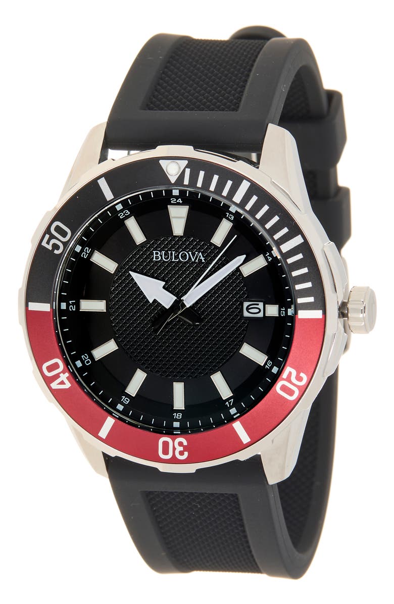 BULOVA Classic Quartz Silicone Strap Watch, 44mm, Main, color, Black