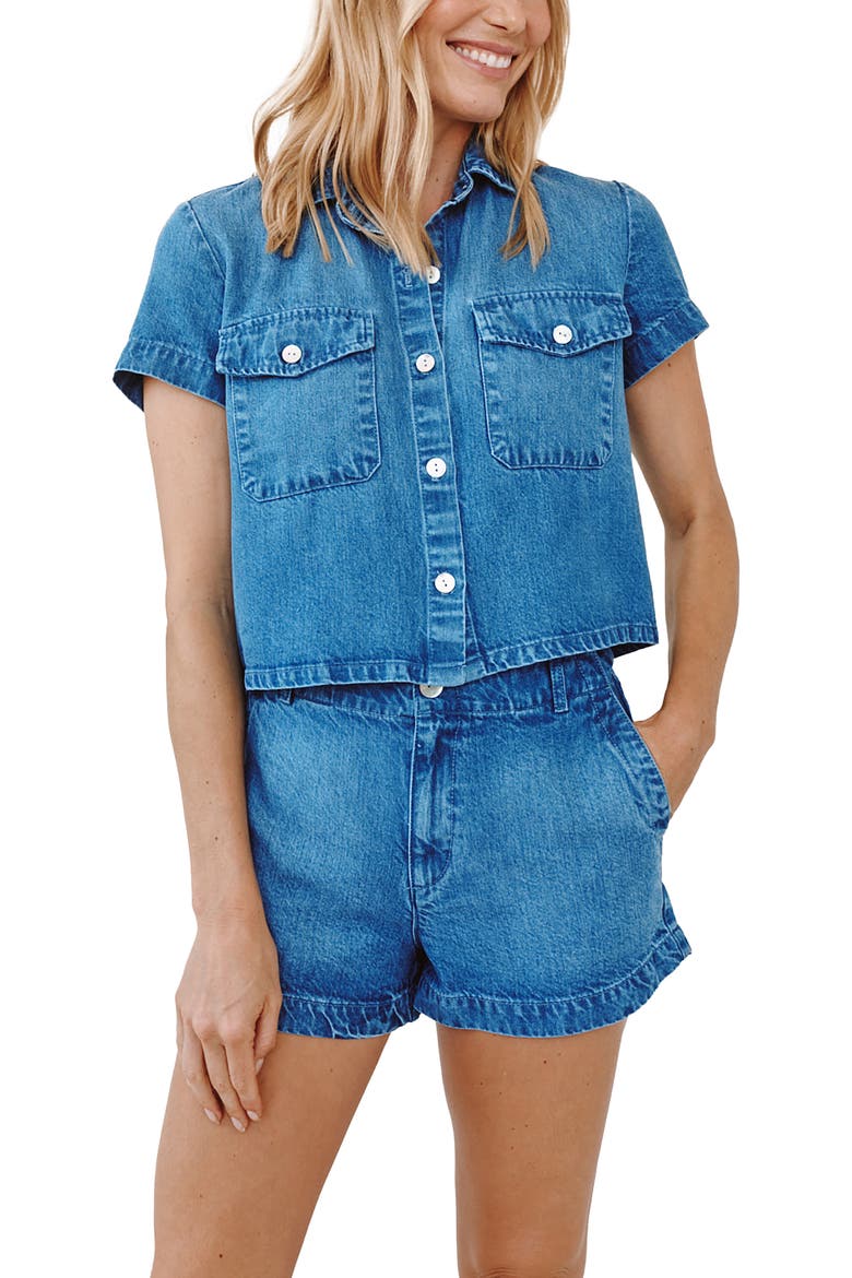 Short Sleeve Short Button-Up Shirt, Main, color, SPRING HORIZON WASH