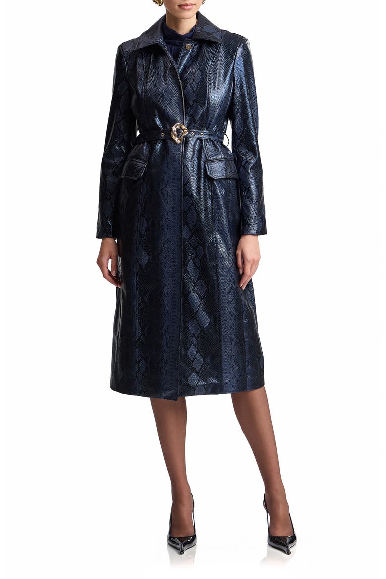 Snakeskin Embossed Faux Leather Belted Trench Coat, Main, color, NAVY PYTHON