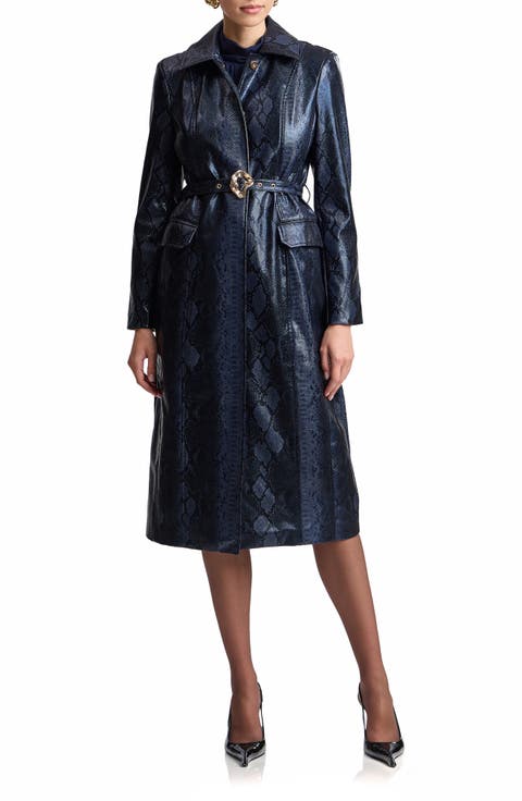 Snakeskin Embossed Faux Leather Belted Trench Coat