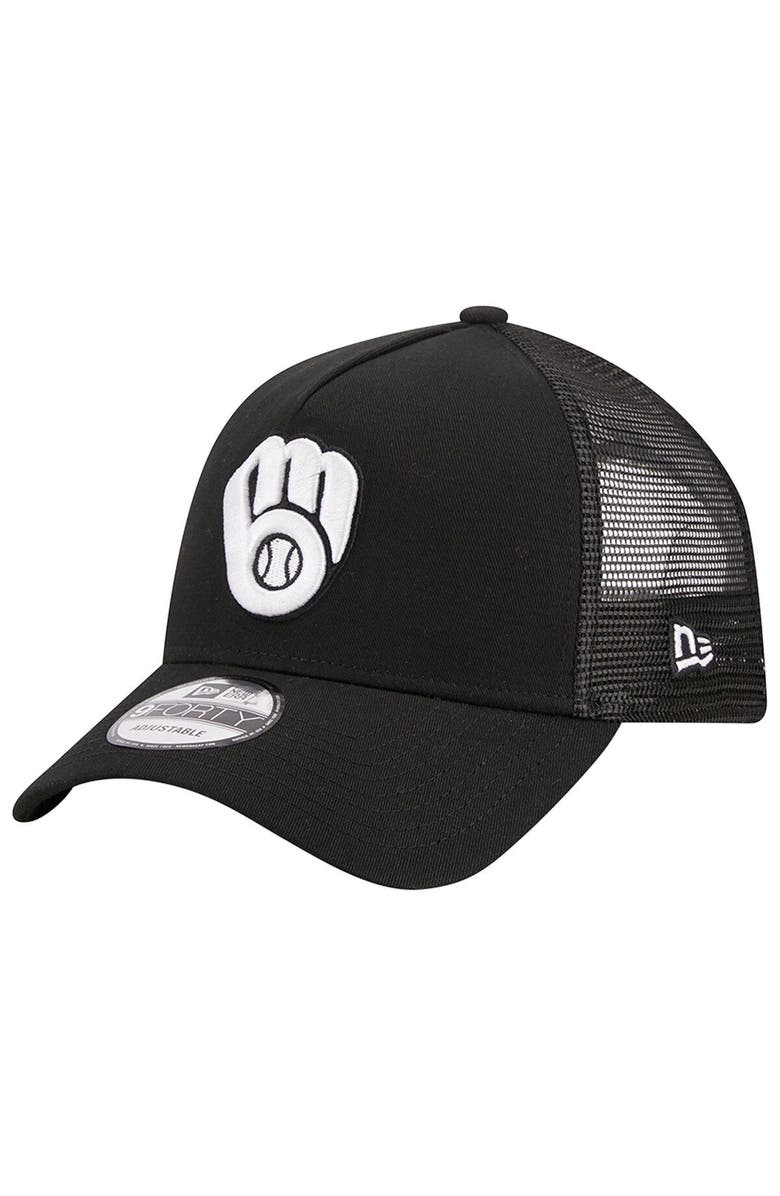 New Era Men's New Era Black Milwaukee Brewers A-Frame 9FORTY Trucker Adjustable Hat, Main, color, 