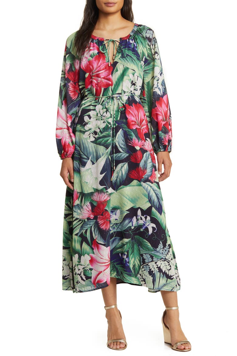 Celebration Tropical Print Long Sleeve Maxi Dress, Main, color, GREEN