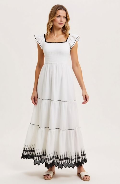 Modenaire Smocked Bodice Tiered Maxi Dress With Flutter Sleeves And Embroidered Hem In White