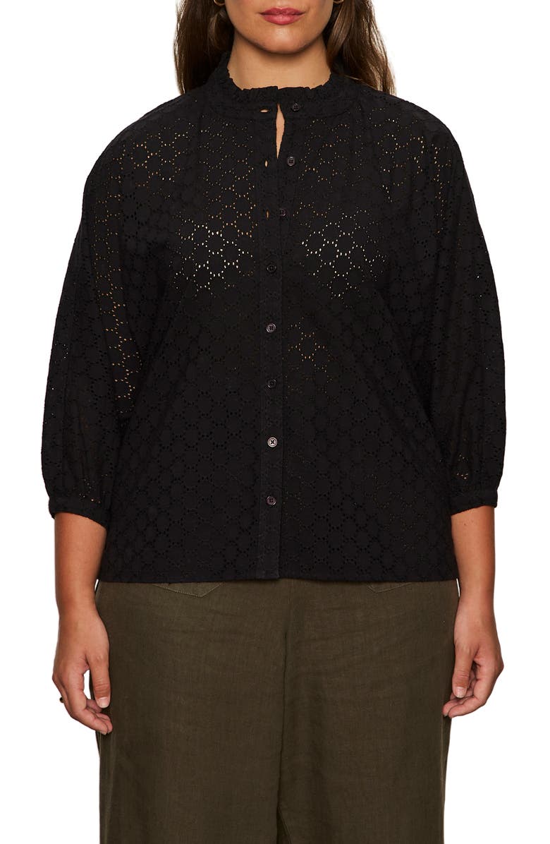 Sanctuary Petal Drop Eyelet Embroidered Button-Up Top, Main, color, Black